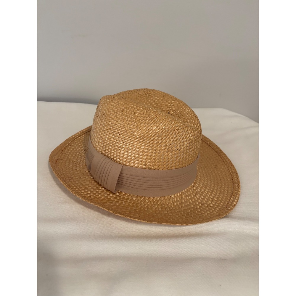 Atlas Straw Fedora Hat Tan Woven Sun Hat with Grosgrain Ribbon Band Medium